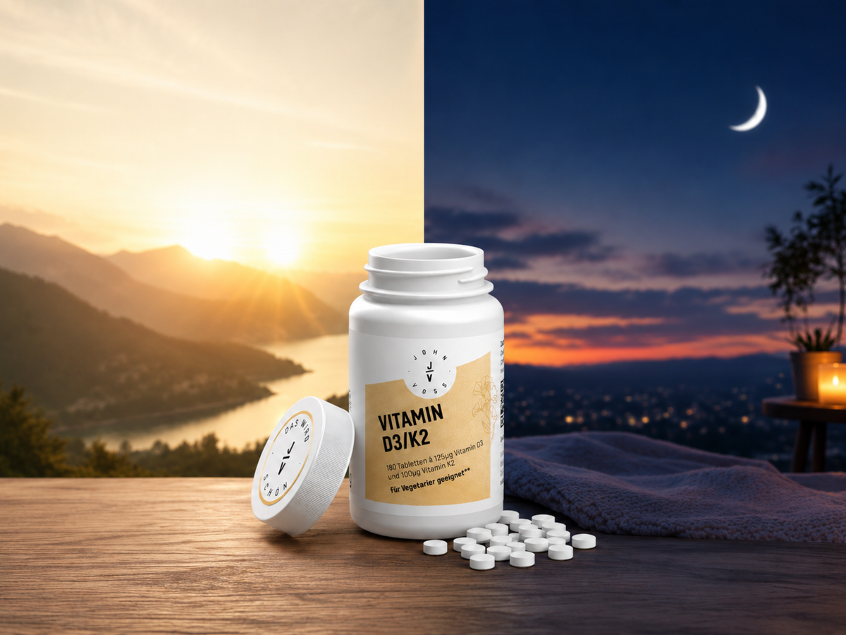 Einnahme Vitamin D3 K2 – JOHN VOSS Vitamin D3/K2 Tabletten vor einem geteilten Morgen- und Abendhintergrund zur Darstellung des Einnahmezeitpunkts.