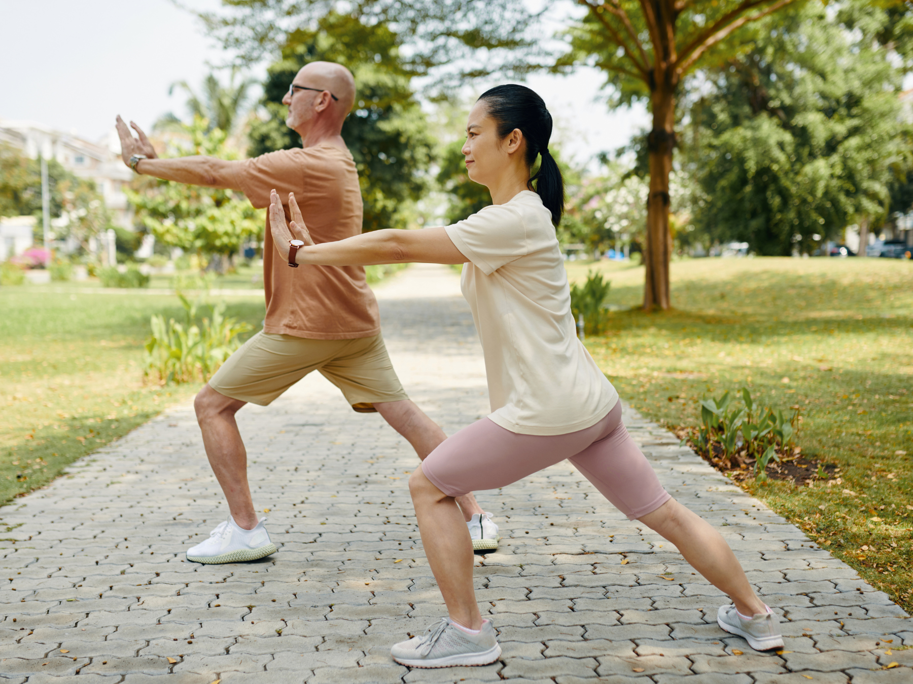 Longevity – aktive Menschen beim gemeinsamen Bewegungstraining im Grünen für Gesundheit, Mobilität und ein vitales Leben im Alter.