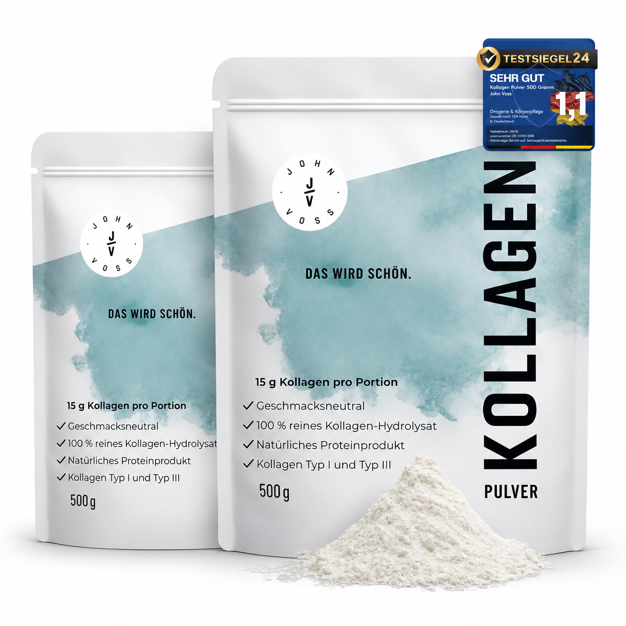 2 Packungen á 500 Gramm JOHN VOSS Kollagen Pulver aus 100 % Kollagenhydrolysat