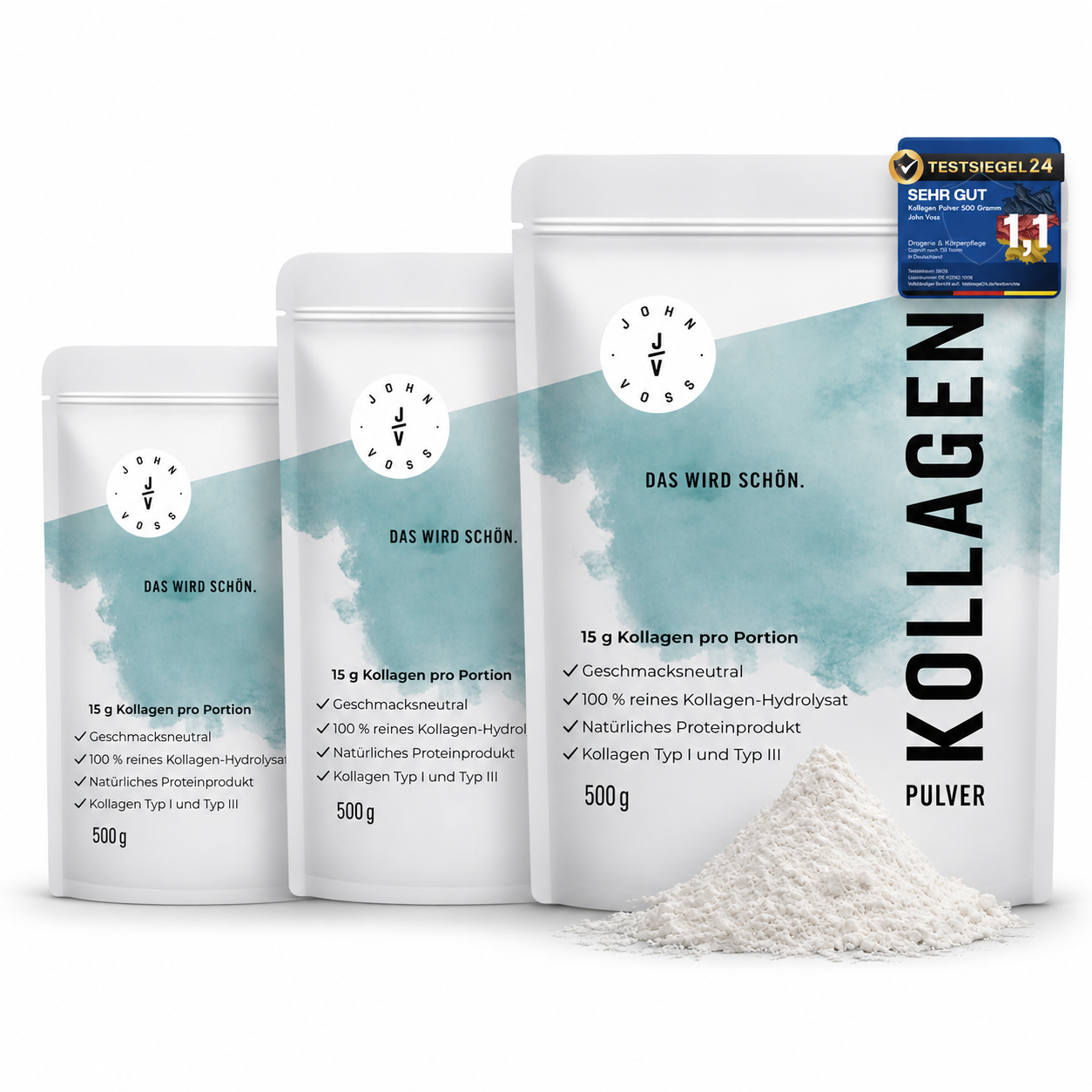 3 Packungen á 500 Gramm JOHN VOSS Kollagen Pulver aus 100 % Kollagenhydrolysat
